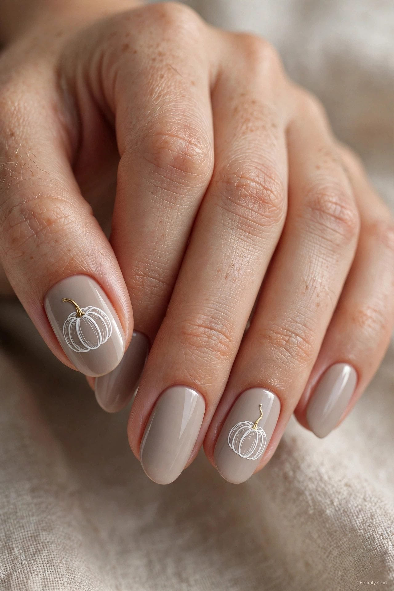 Terracotta nails with black vine and pumpkin line art