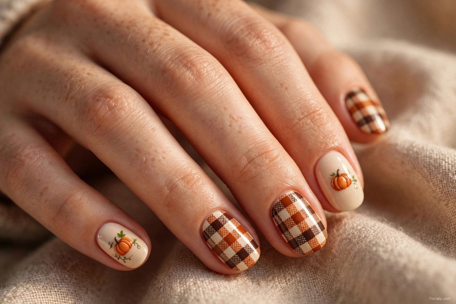 Cream nails with orange and brown harvest plaid and tiny pumpkin accents