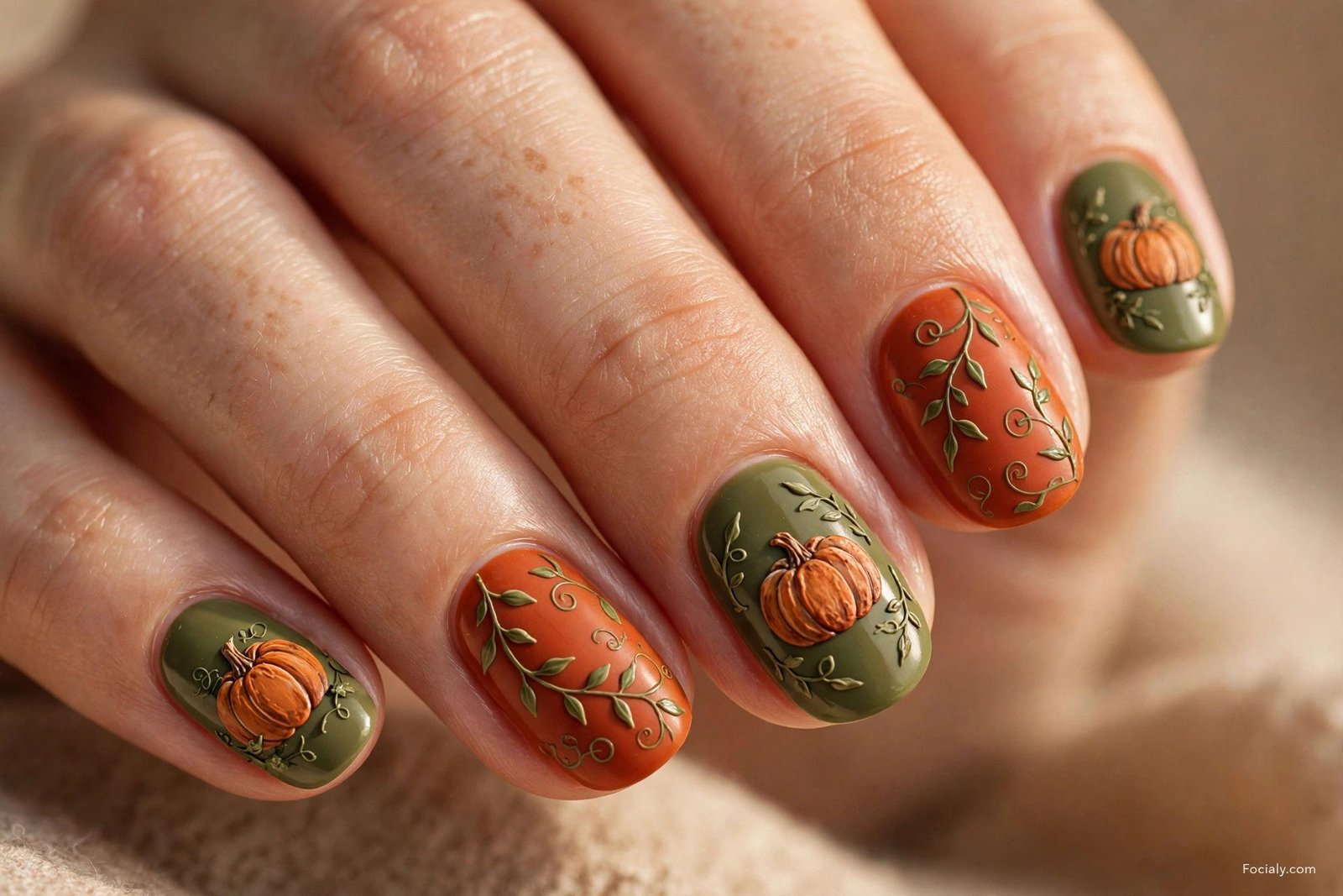 Pumpkin-orange nails with creamy white tips like pumpkin pie