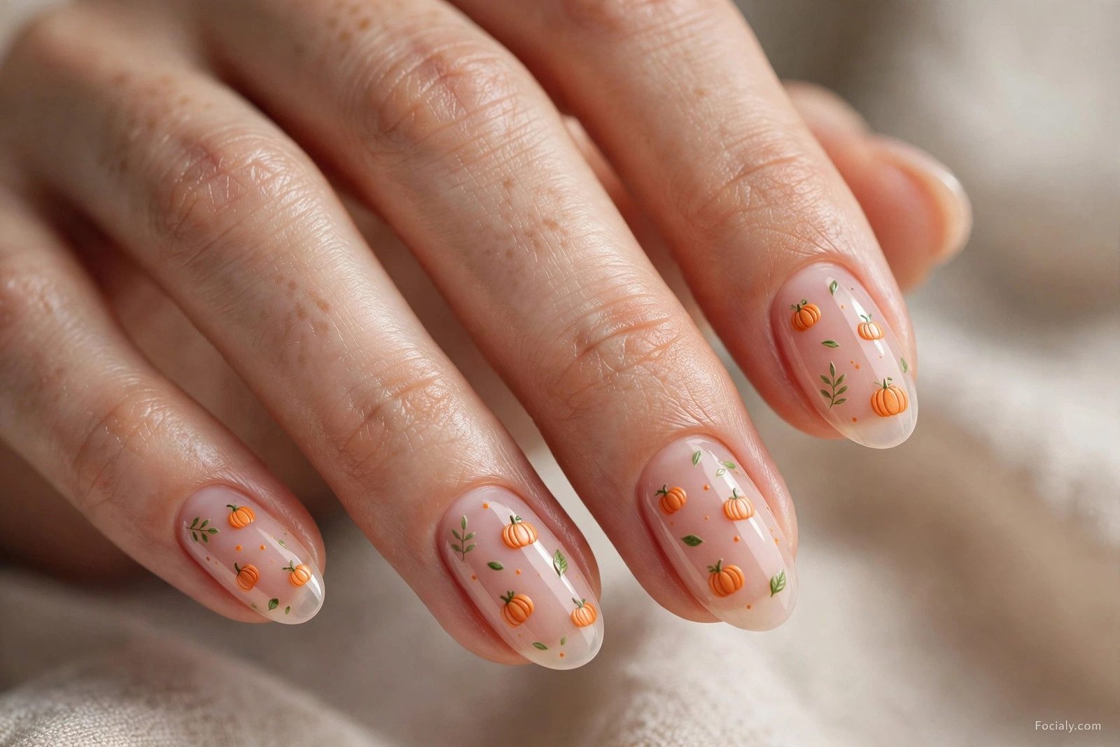 Midnight navy nails with glowing orange pumpkin decals