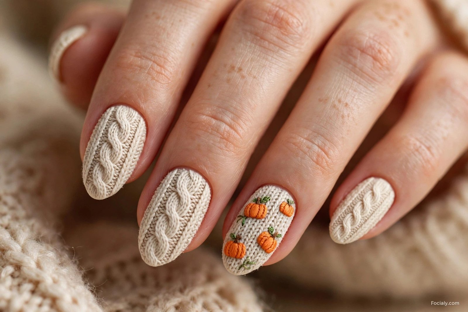 Cream sweater-knit cable texture nails with embroidered orange pumpkins