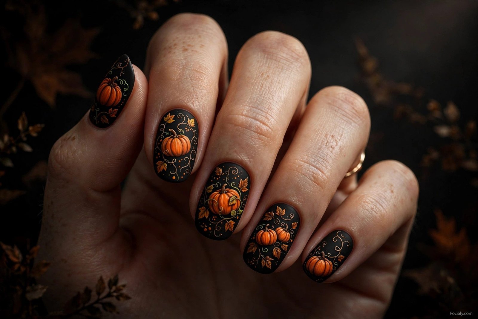 Warm beige nails with gold foil and pumpkin stamping