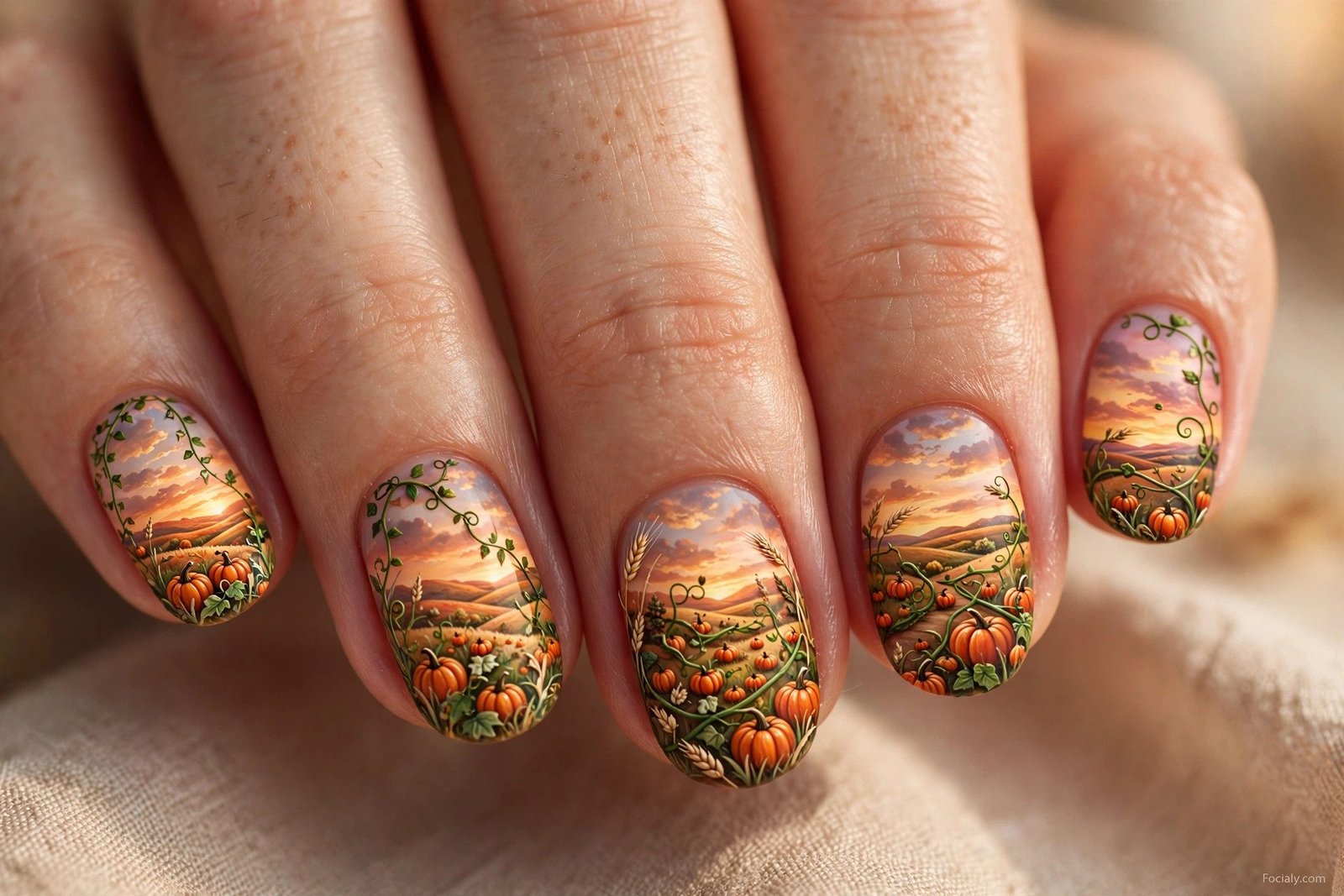 Olive green and rust two-tone nails with a pumpkin accent
