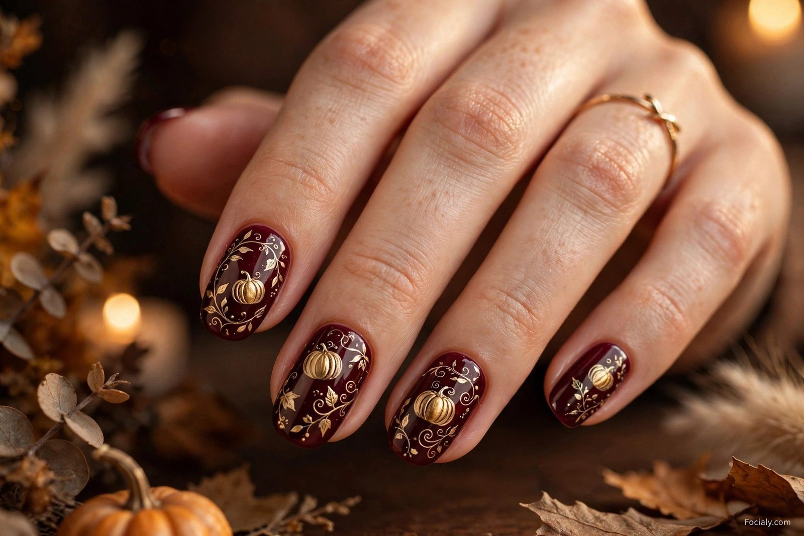 Glossy nude nails with mini pumpkin decals and gold dots