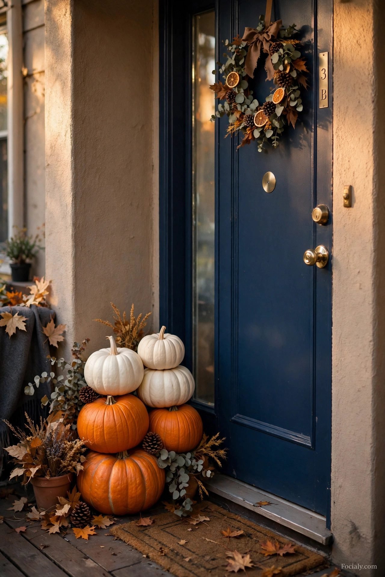 Compact stack of orange and white pumpkins beside a narrow apartment front door