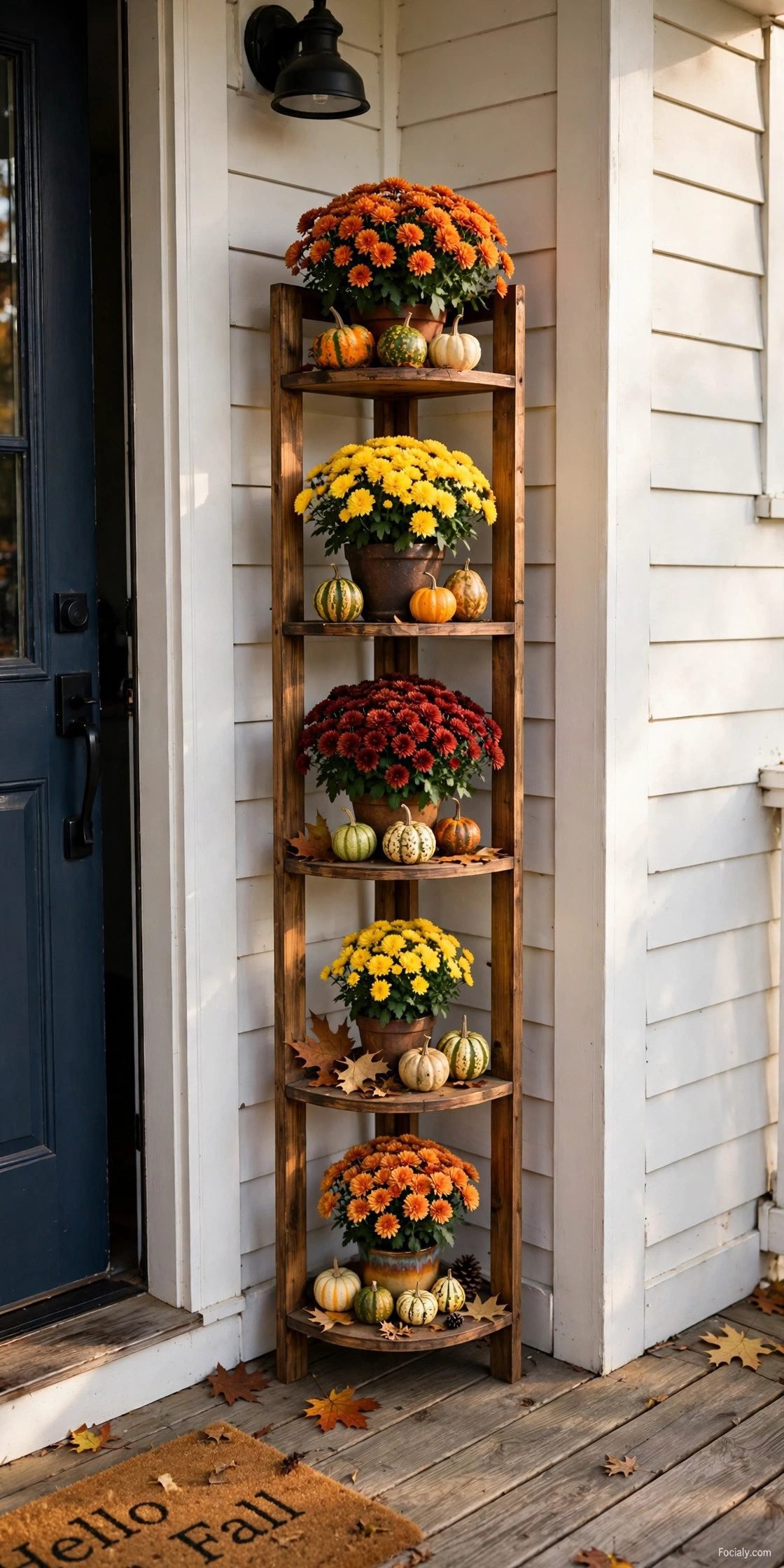 Tall narrow corner plant stand with fall mums and gourds on a tiny porch