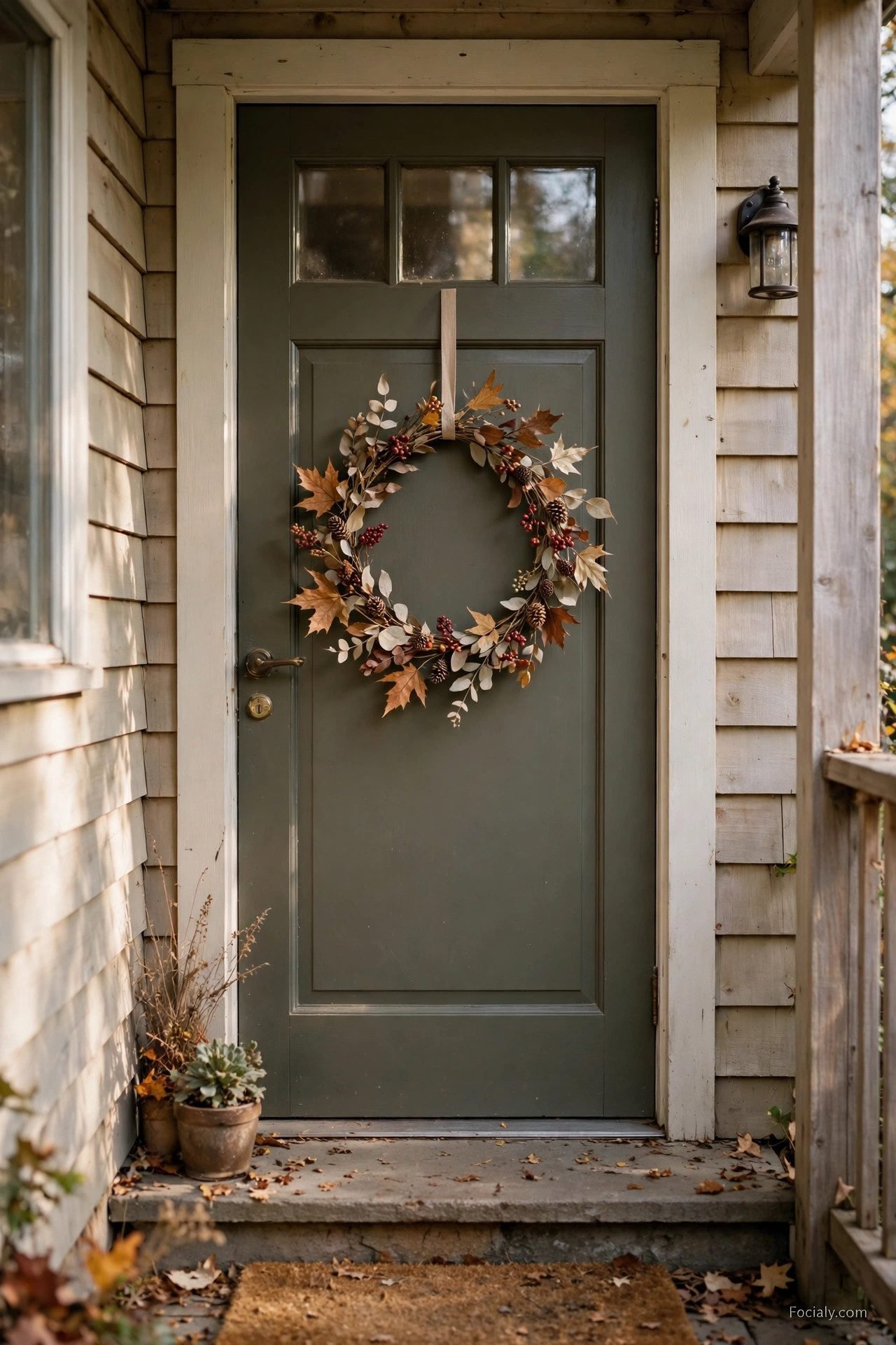 Slim fall wreath with dried leaves and berries on a small entry door