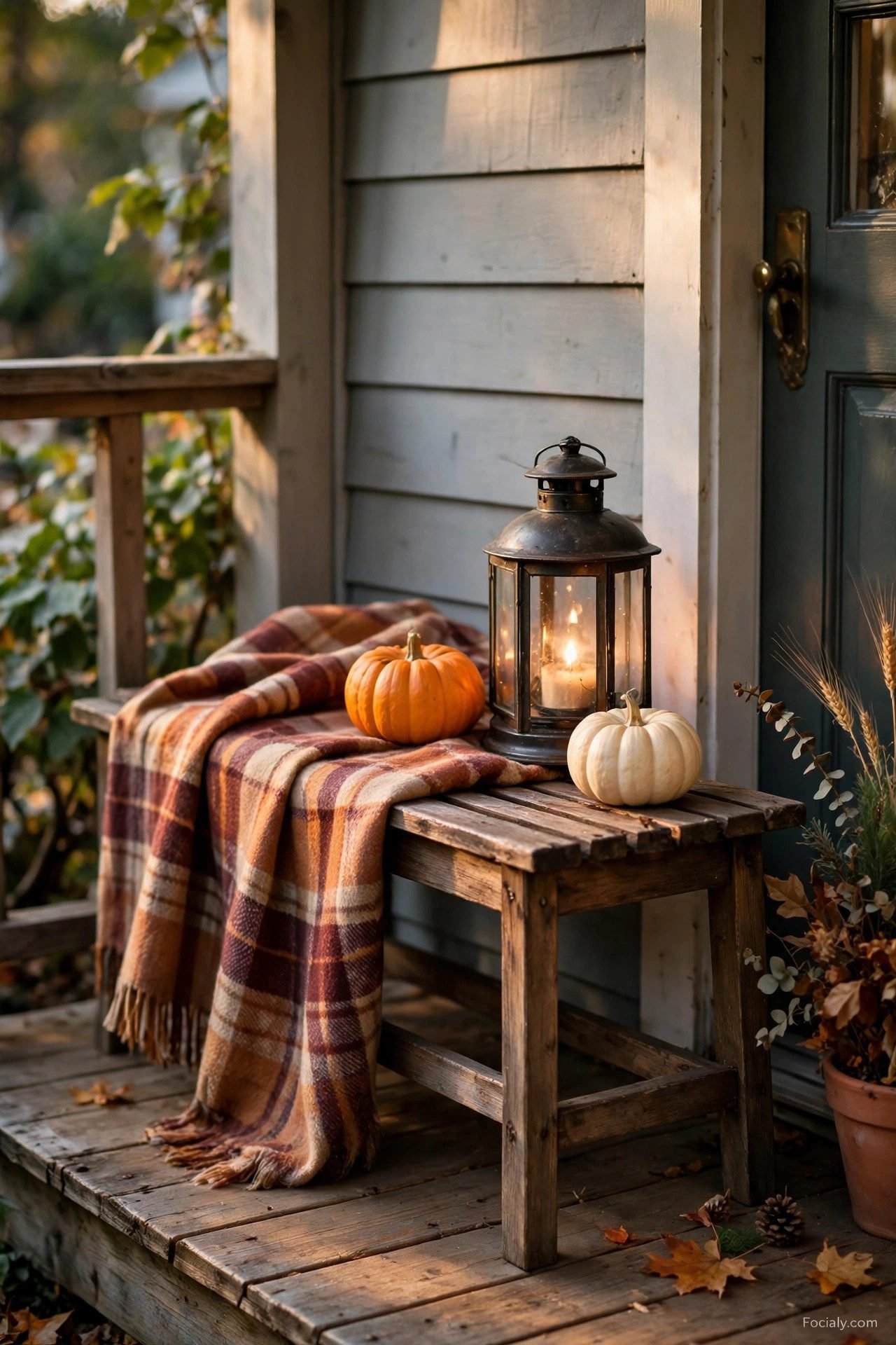 Narrow wooden bench with plaid throw, mini pumpkins and lantern on small porch