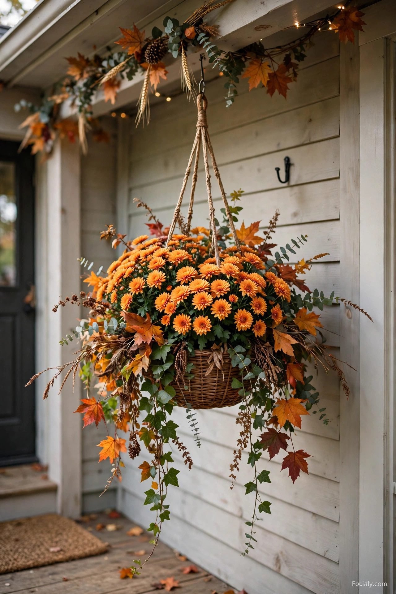 Hanging basket with fall foliage and orange mums on a small front porch