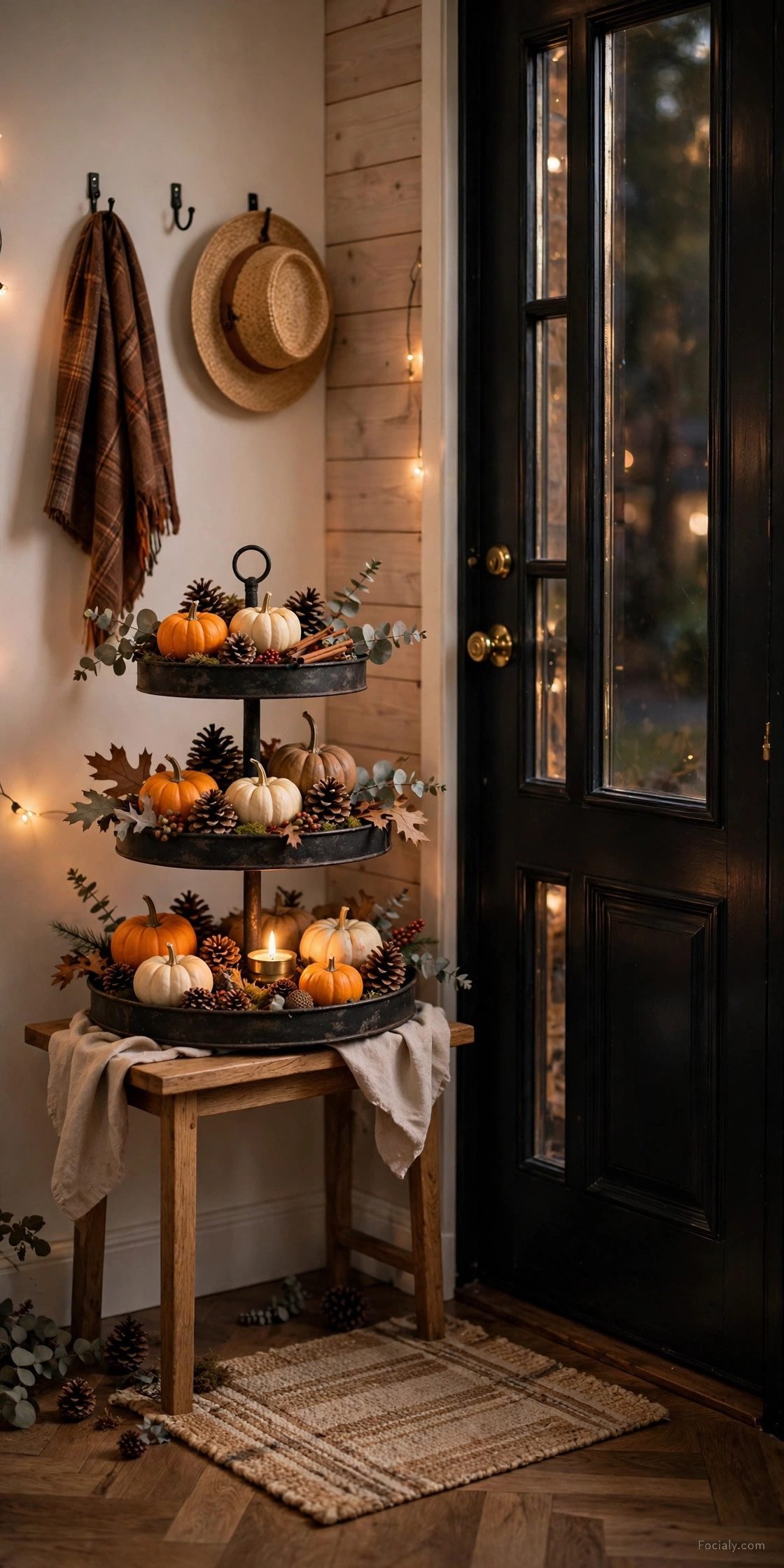 Three-tiered tray with mini pumpkins, pinecones and candle by a narrow door