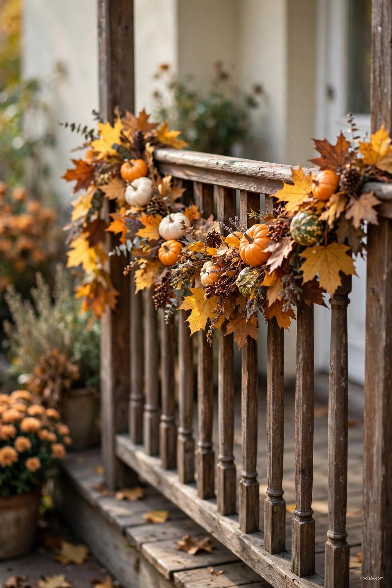 Fall leaf garland with tiny pumpkins draped along a small porch railing