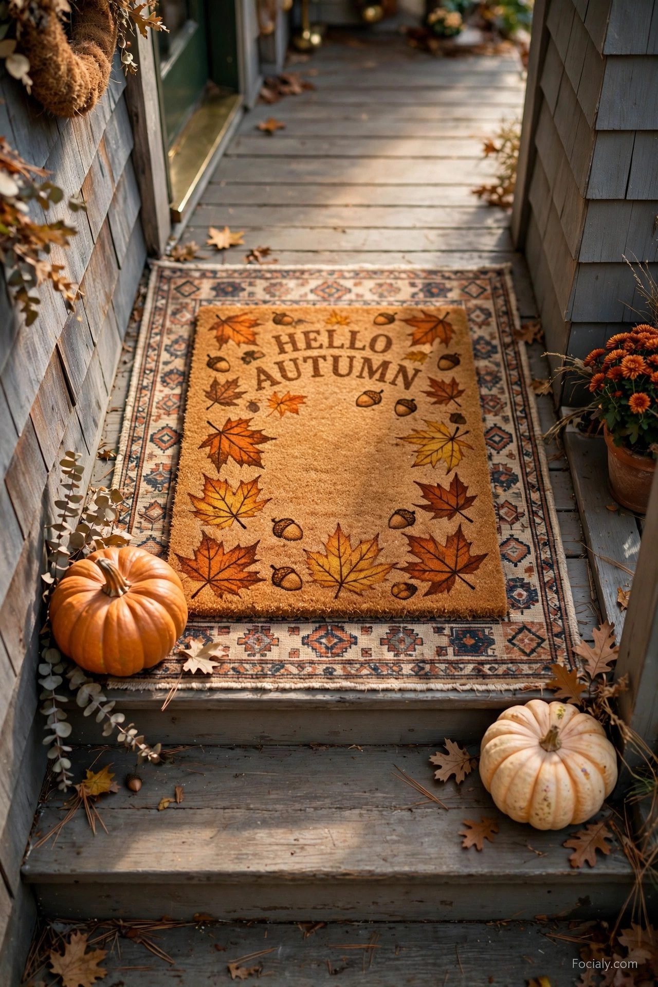 Layered fall doormat with small rug on narrow porch steps with pumpkins
