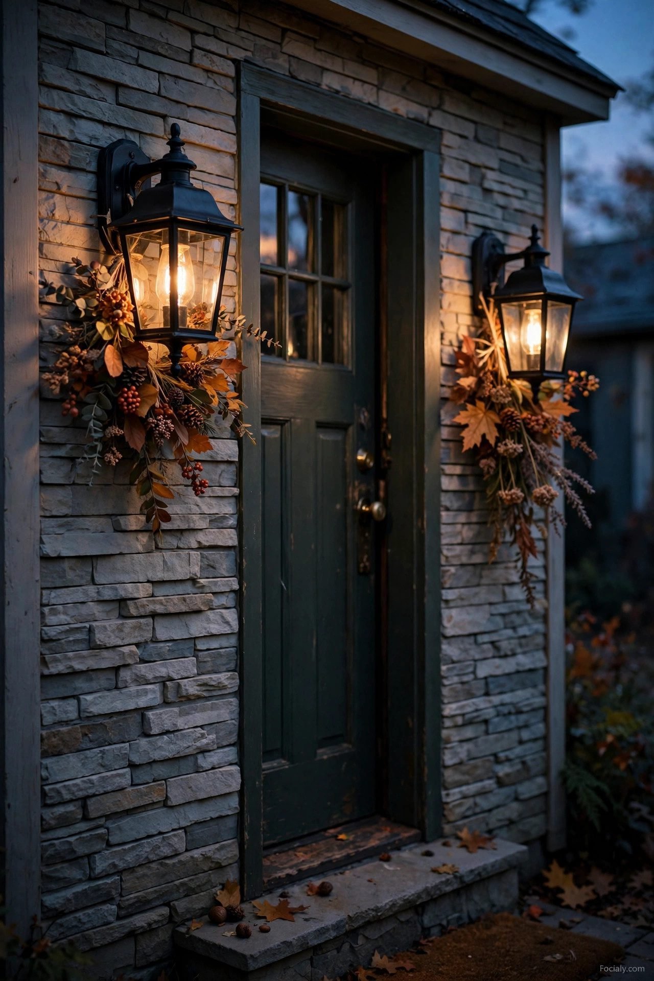 Wall-mounted lanterns with fall florals beside a small front door at dusk
