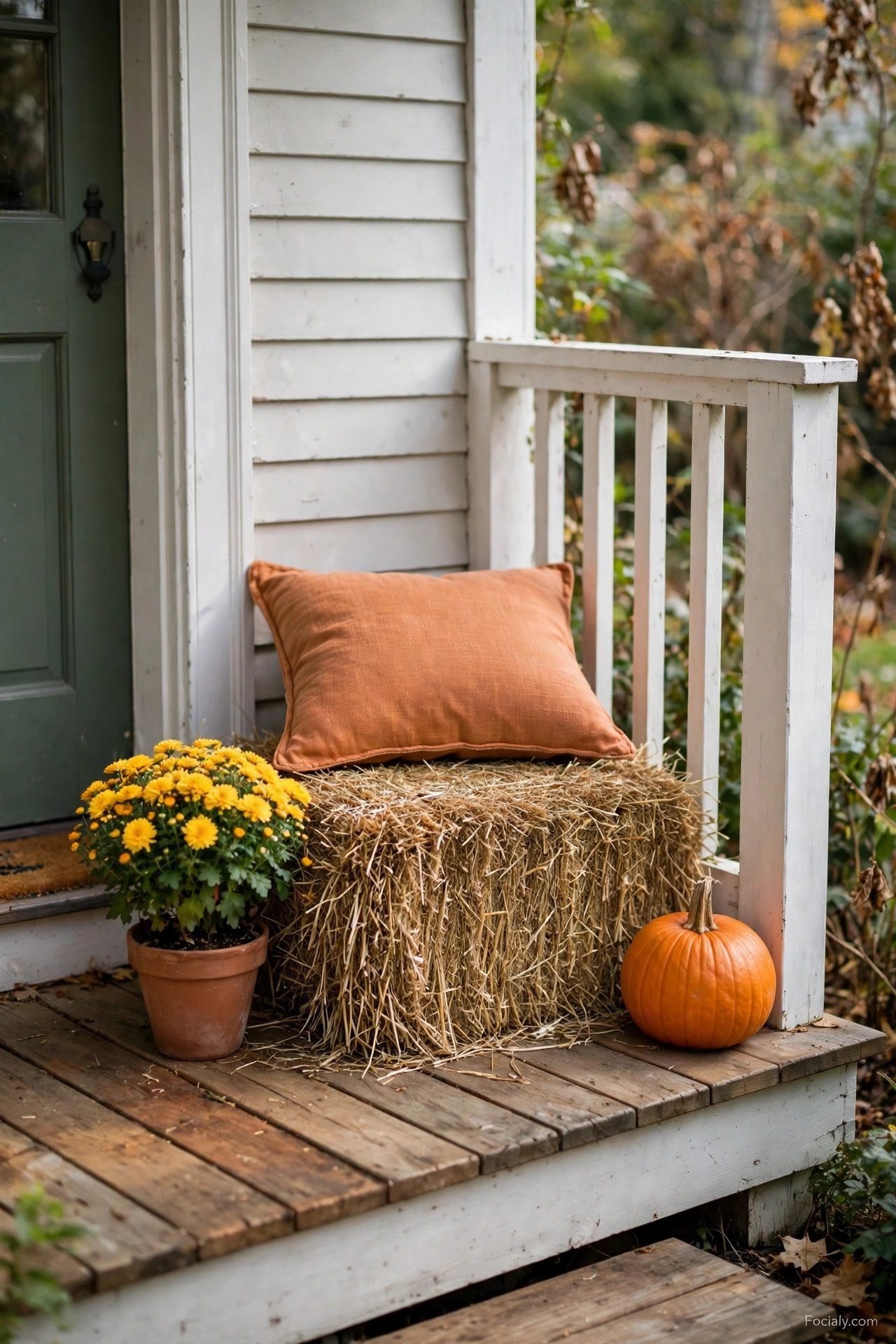 Small hay bale seat with cushion, mums and pumpkin on a tiny porch