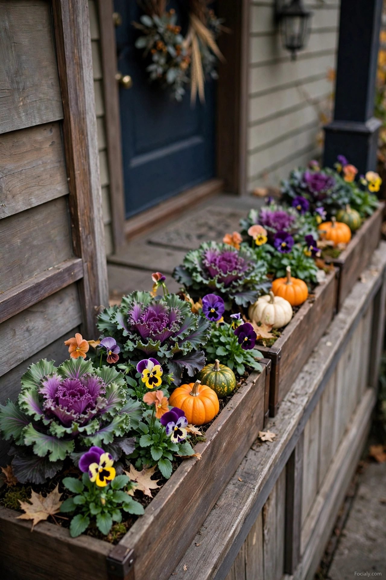 Narrow planter boxes with ornamental kale, pansies and pumpkins on compact porch