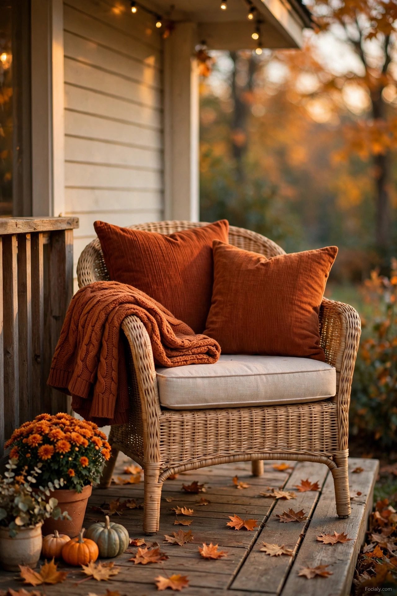 Single cozy chair with rust fall pillows and blanket on a small porch