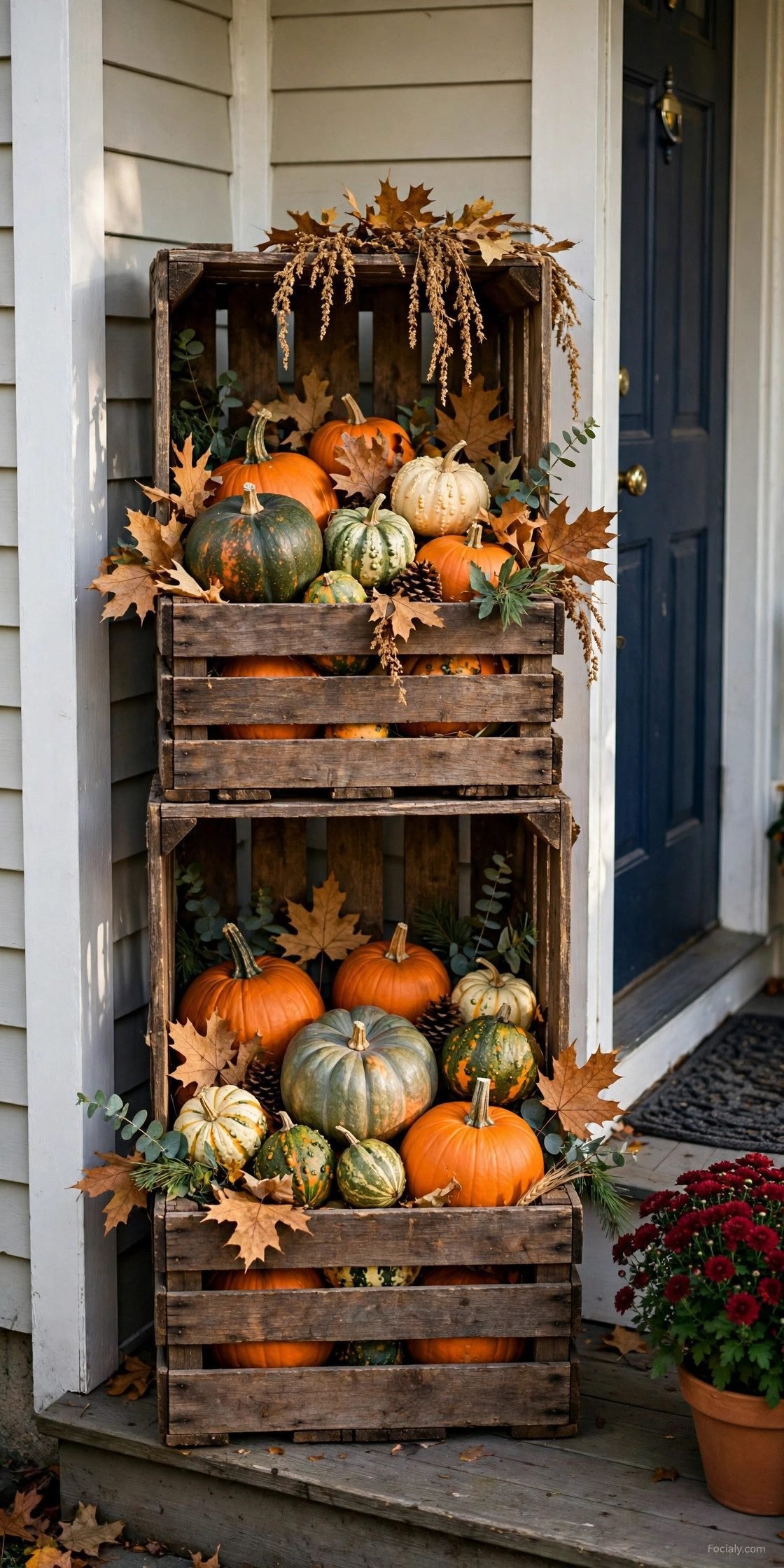 Stacked wooden crates displaying pumpkins and gourds on a small porch