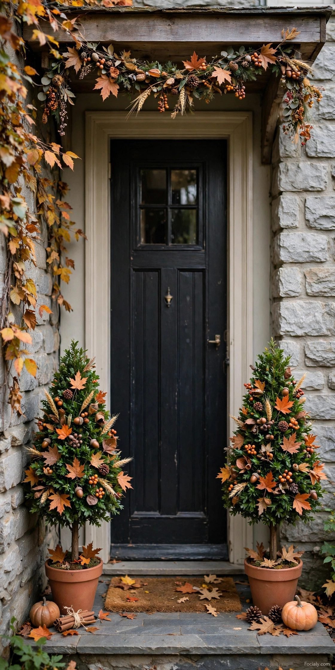 Two mini fall topiary trees flanking a narrow front door on a tiny porch
