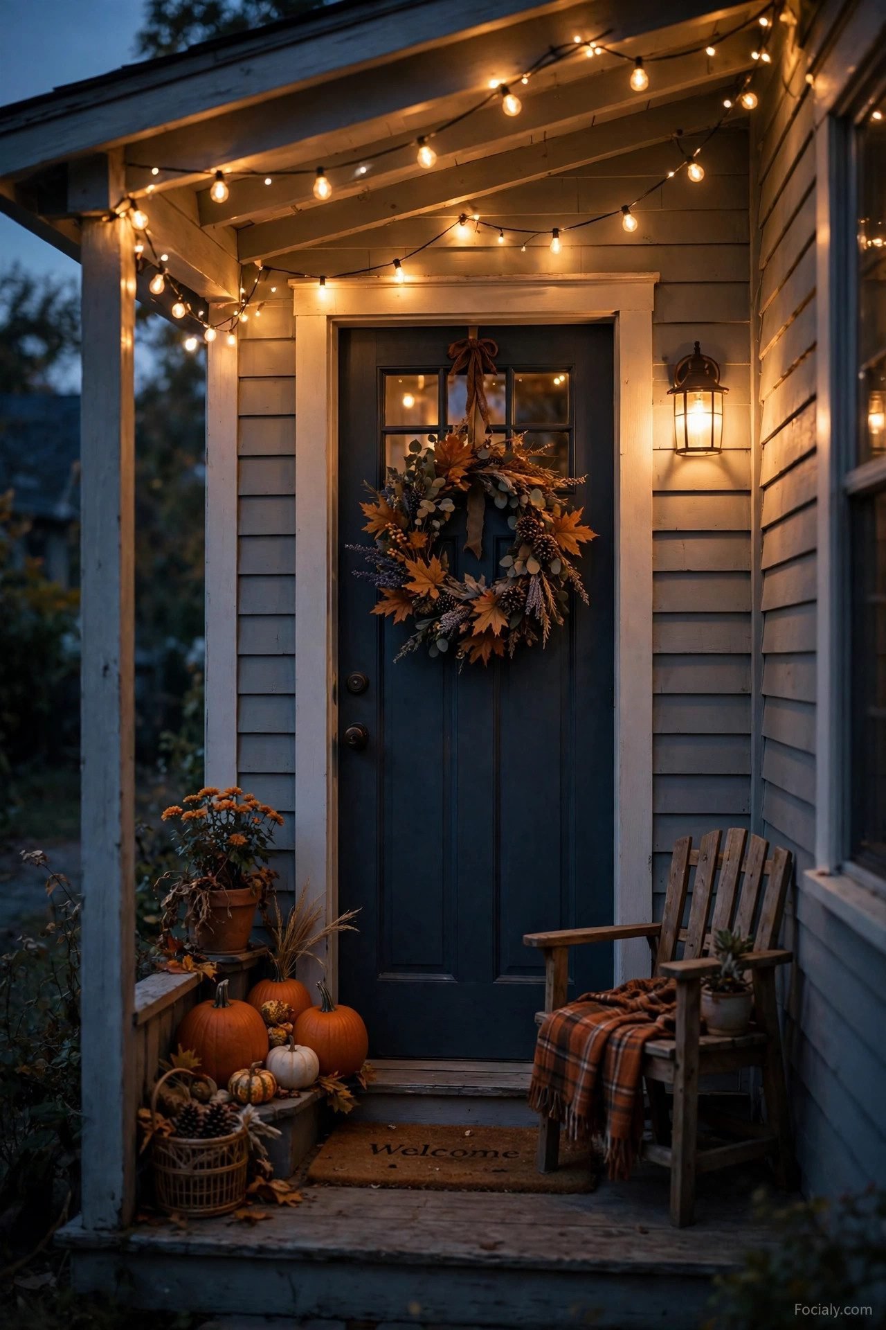 Small front porch at dusk with string lights, pumpkins and fall wreath