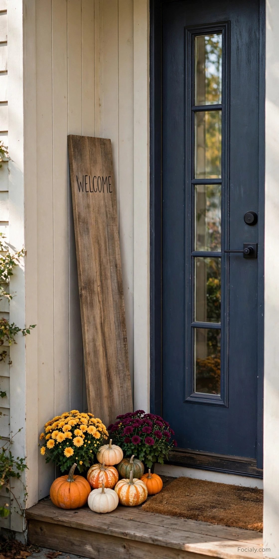 Slim wooden welcome sign with mini pumpkins and mums on a compact porch
