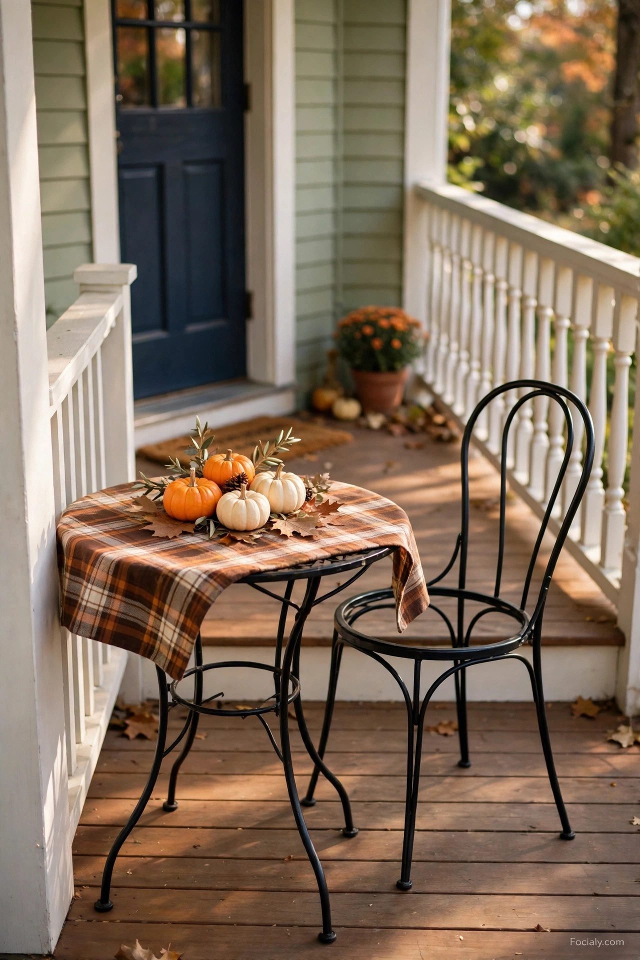 Tiny bistro table with mini pumpkin centerpiece and plaid runner on small porch