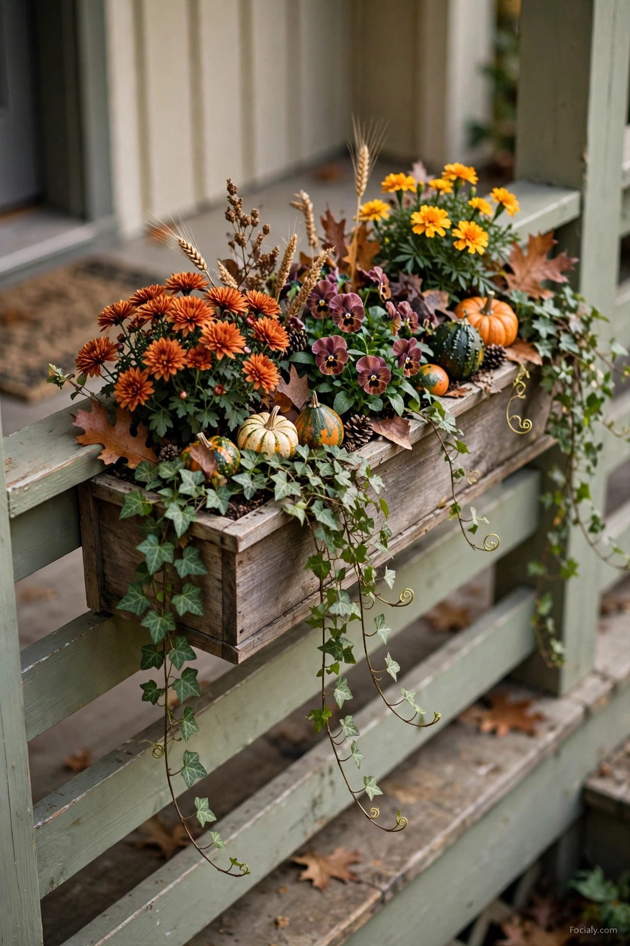 Window box on porch railing with fall flowers, ivy and mini gourds