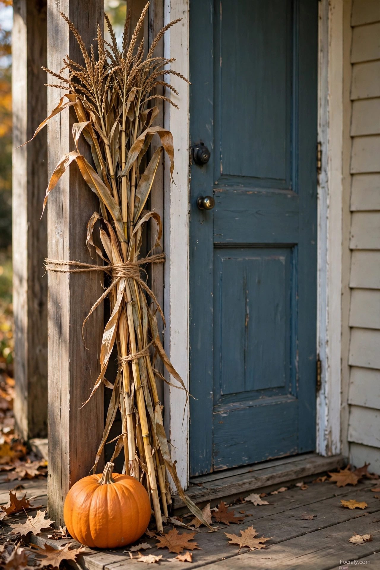 Slim bundle of dried corn stalks tied to a narrow porch post with pumpkin
