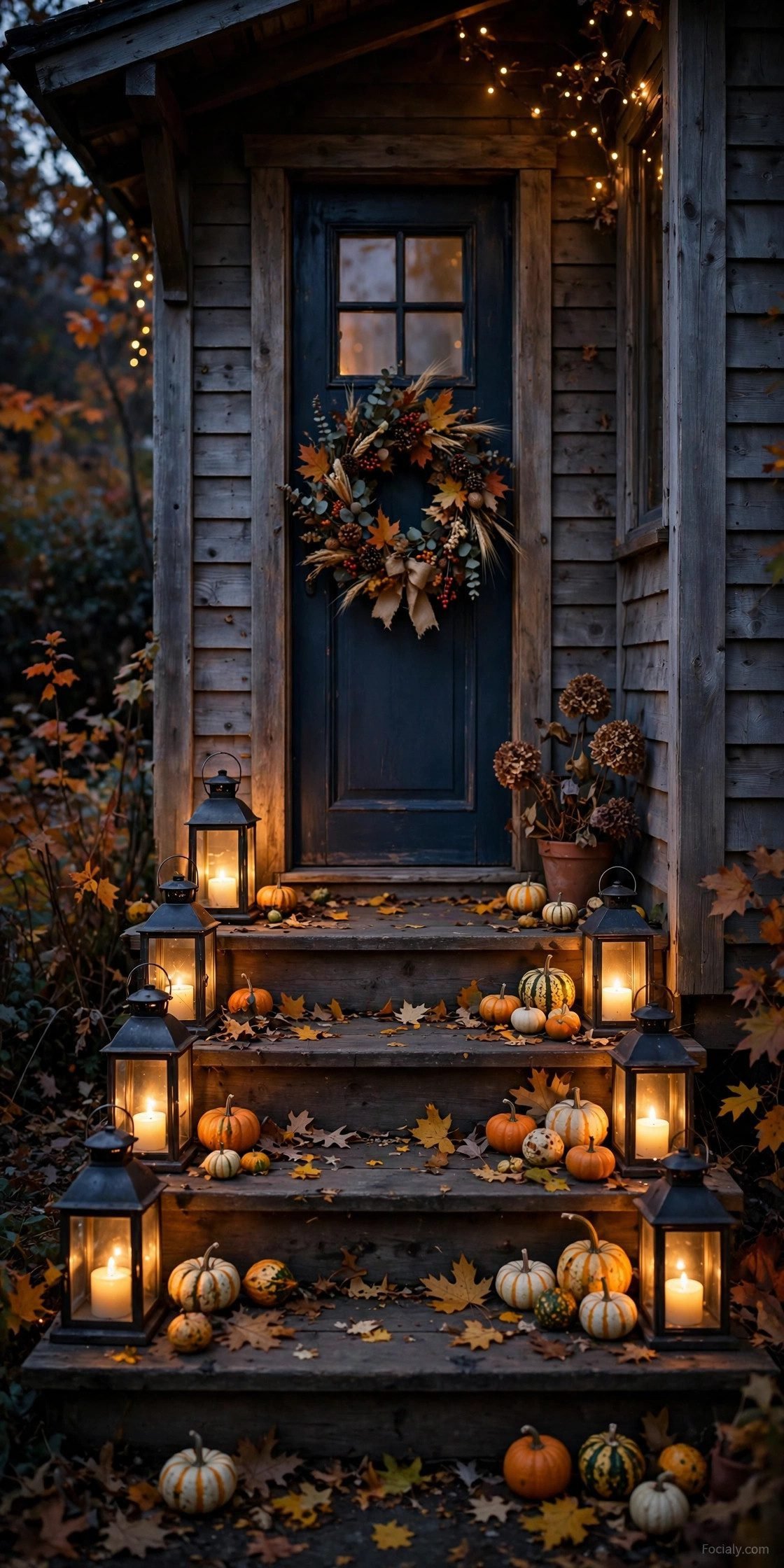 Small porch steps lined with glowing lanterns and mini gourds at dusk