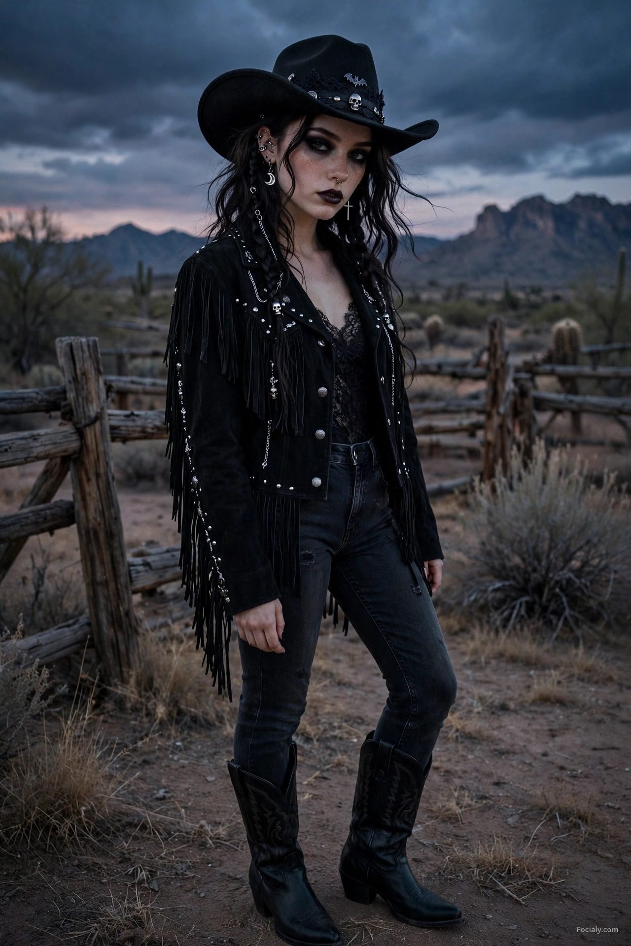 Gothic cowgirl Halloween costume with black cowboy hat and fringe jacket