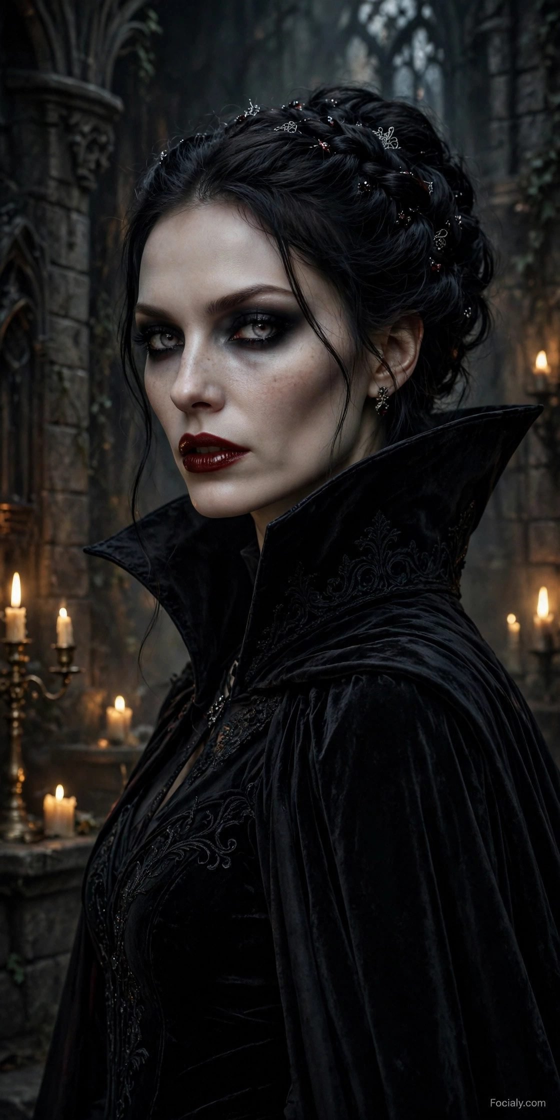 Glamorous vampire queen Halloween costume in black velvet gown with cape