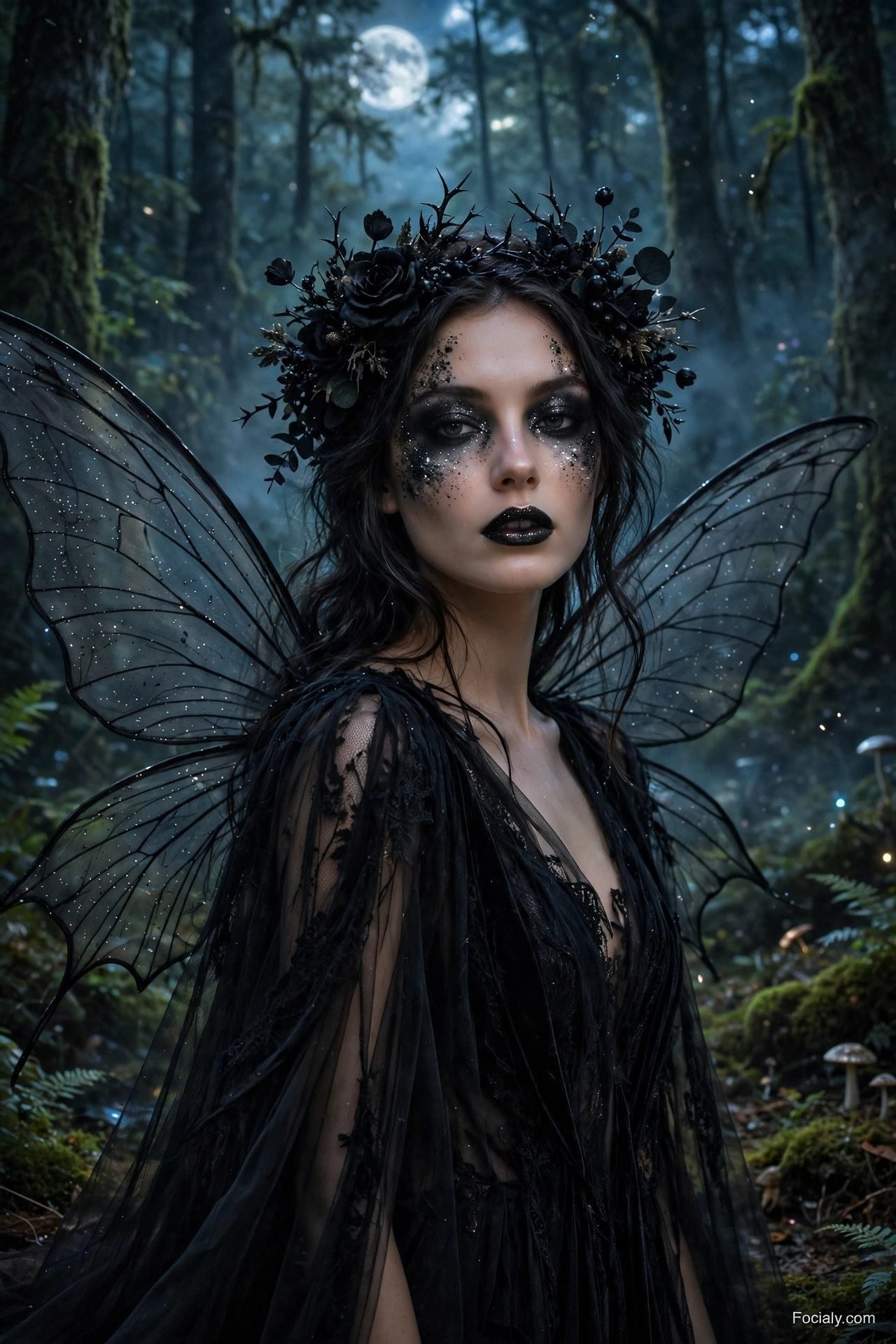Dark fairy Halloween costume with black wings and flower crown