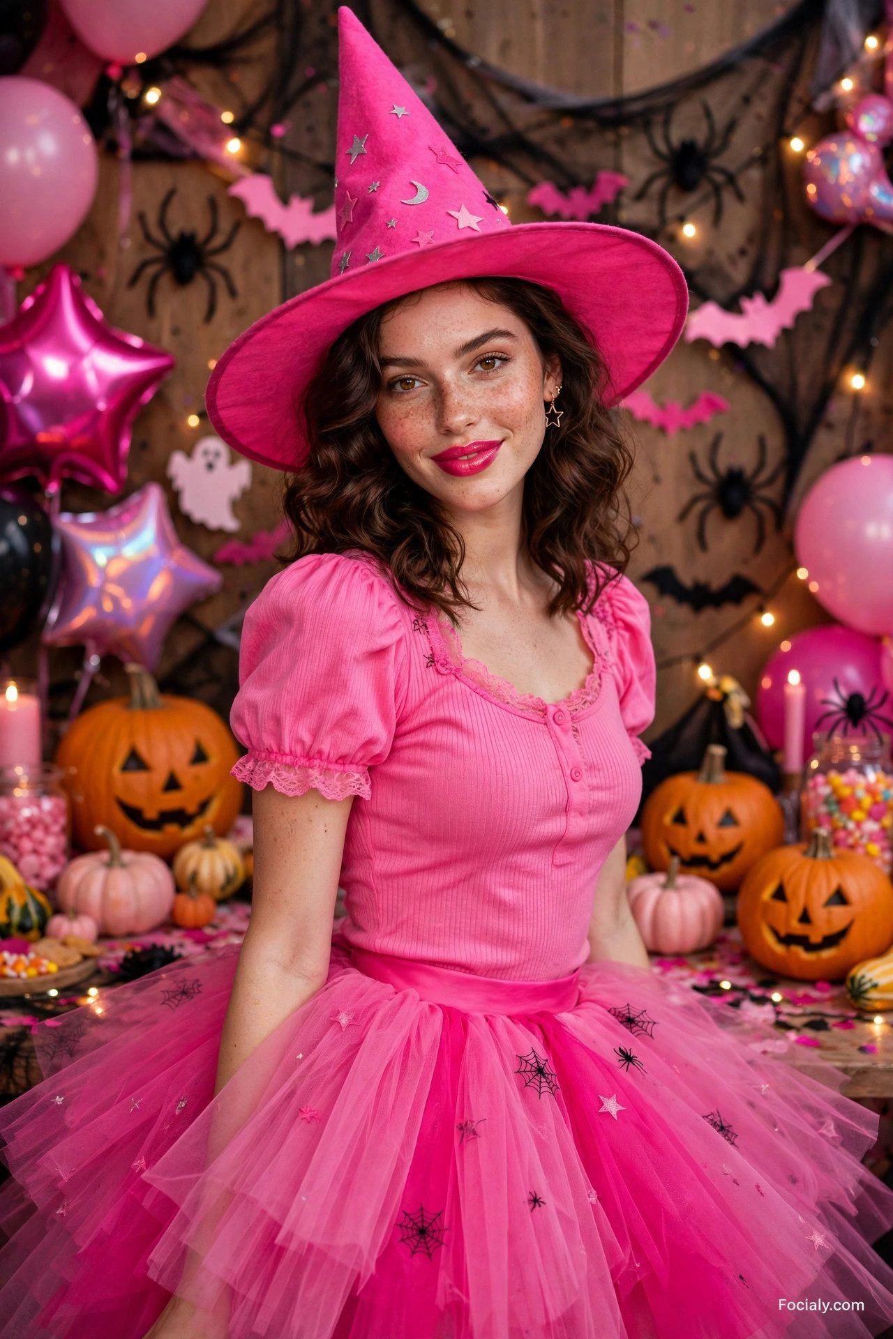 Pink Barbiecore witch Halloween costume with tulle skirt