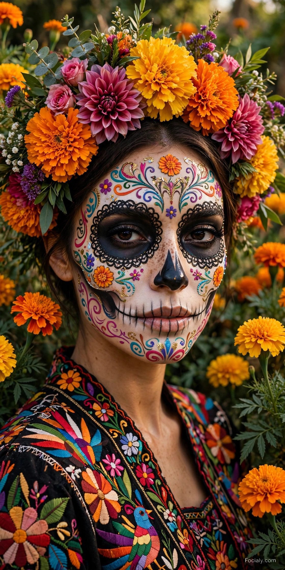 Day of the Dead Catrina Halloween costume with sugar skull makeup