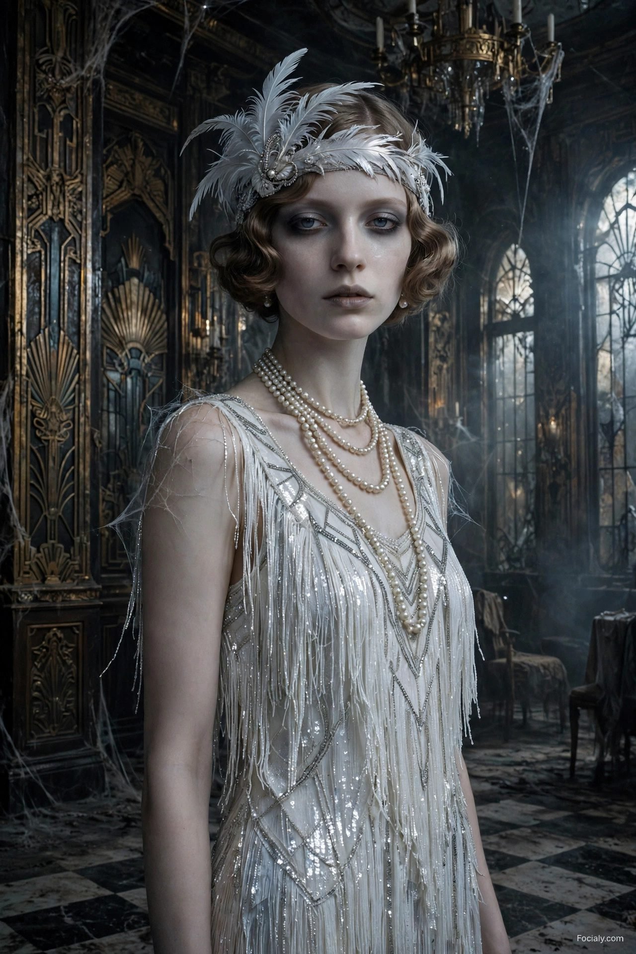 1920s flapper ghost Halloween costume in silver fringe dress