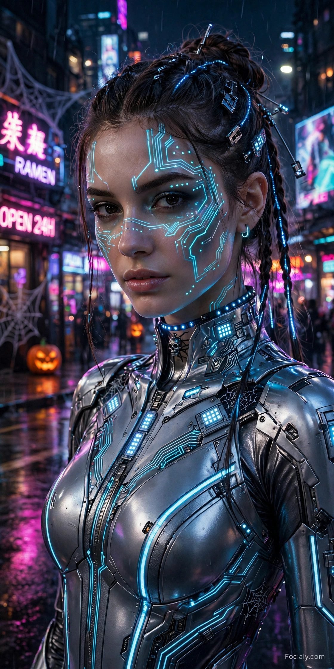 Cyberpunk android Halloween costume with metallic bodysuit and LED lights