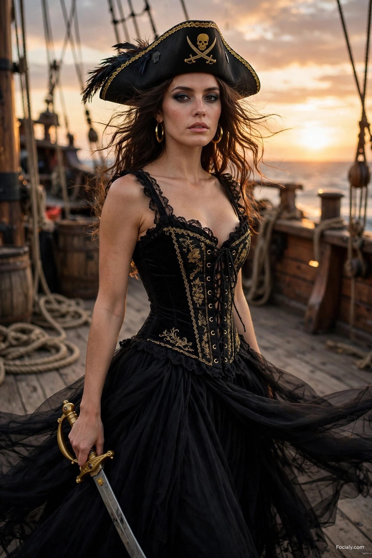 Pirate queen Halloween costume with corset and tricorn hat