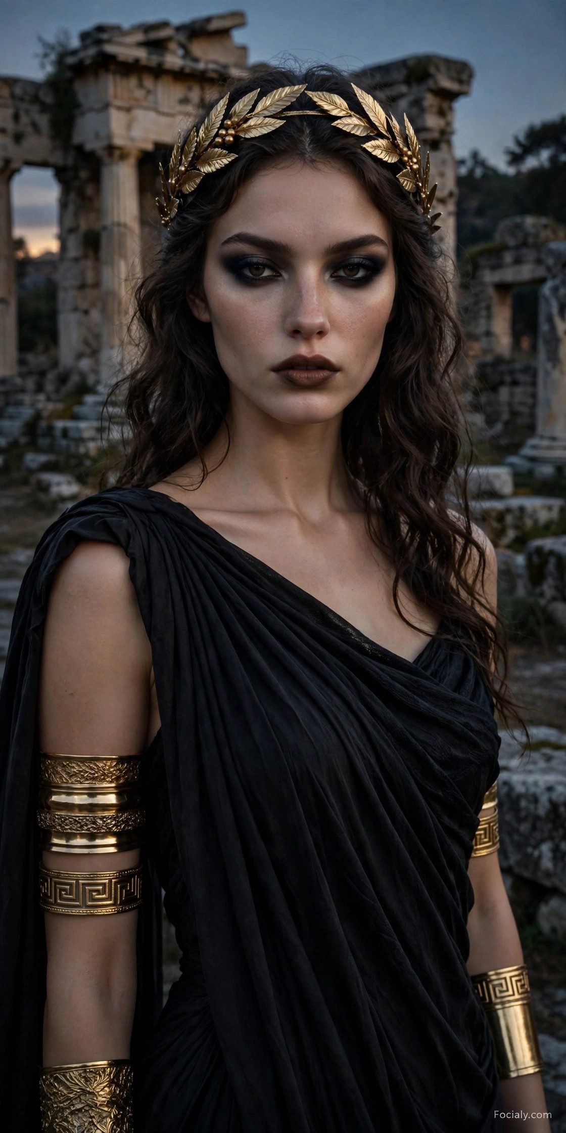 Dark Greek goddess Halloween costume in black draped gown with gold cuffs