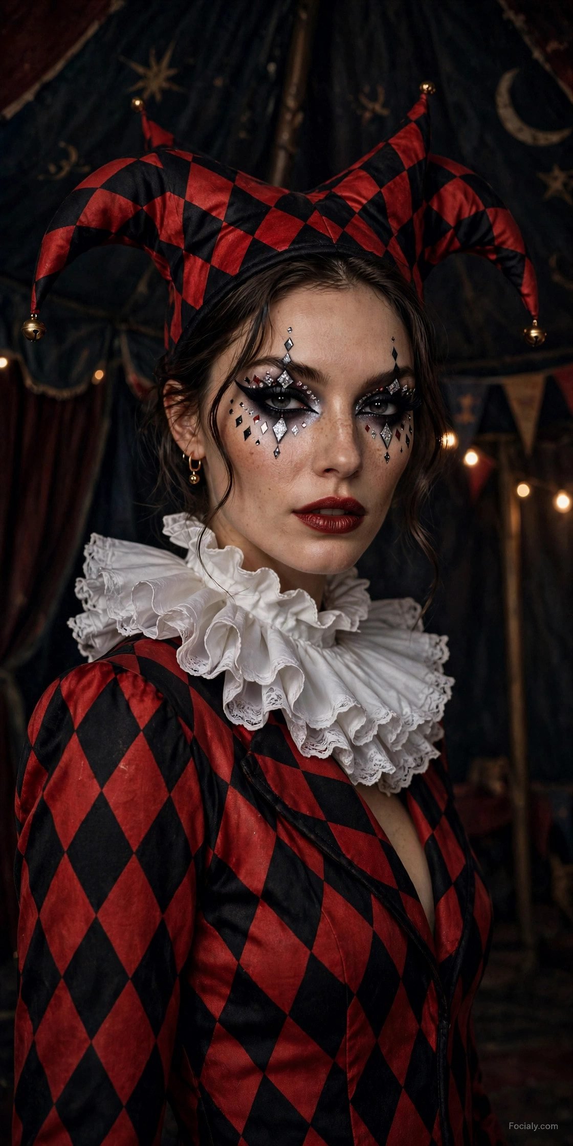 Glam jester Halloween costume with harlequin pattern and ruffled collar