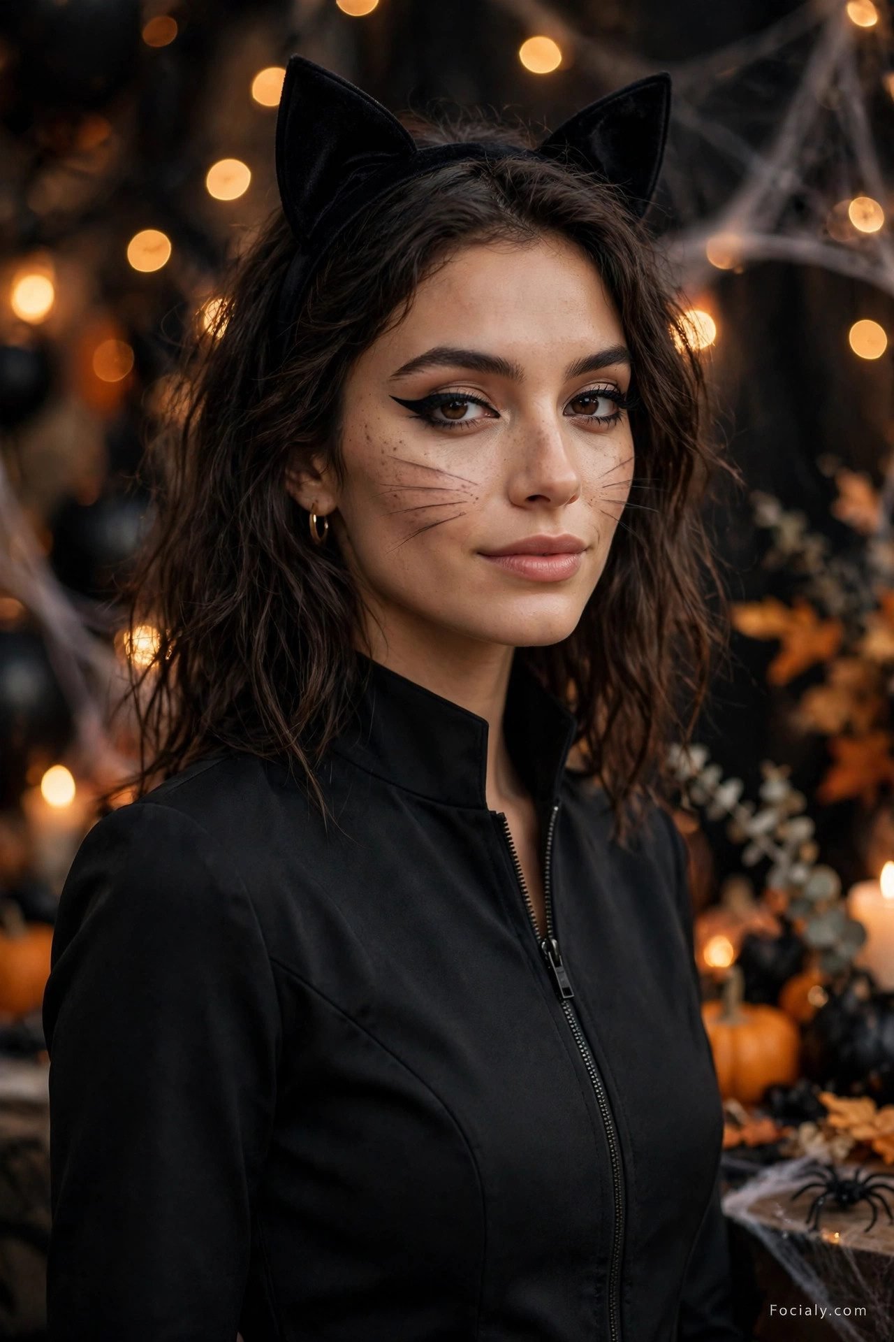 Elegant black cat Halloween costume with sleek jumpsuit and cat ears