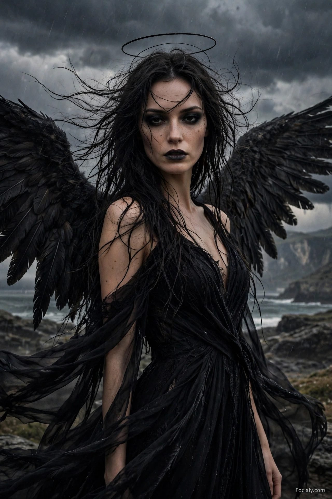 Fallen angel Halloween costume with black wings and dark halo