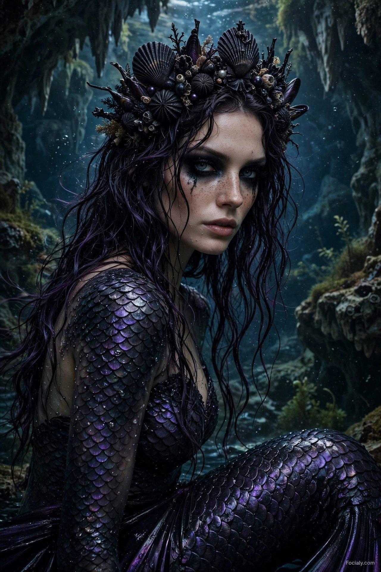 Gothic mermaid Halloween costume with dark seashell crown