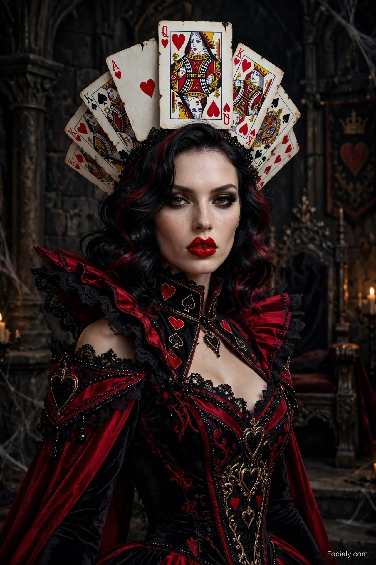 Dark Queen of Hearts Halloween costume with playing card crown