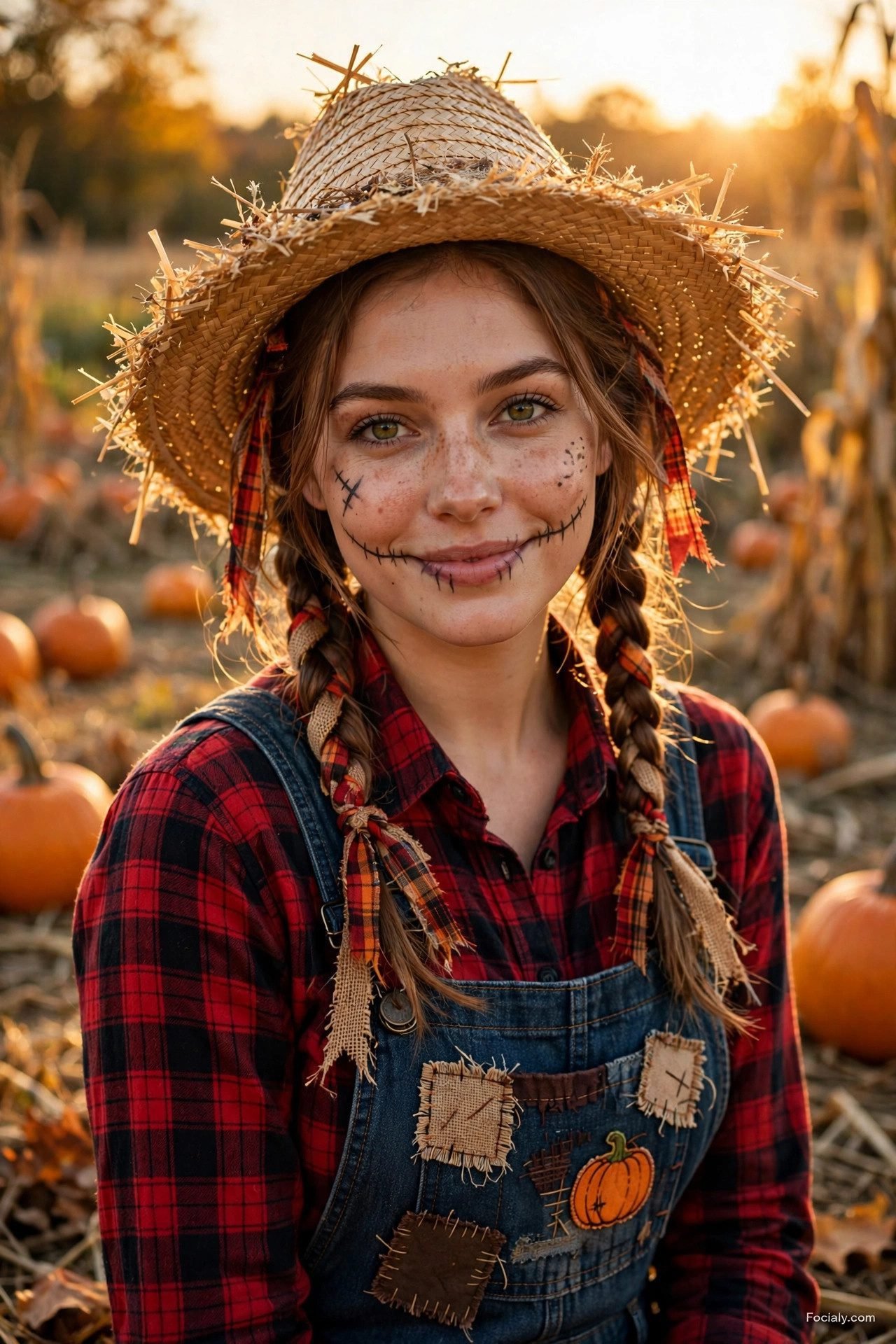 Pretty scarecrow Halloween costume with flannel and straw hat