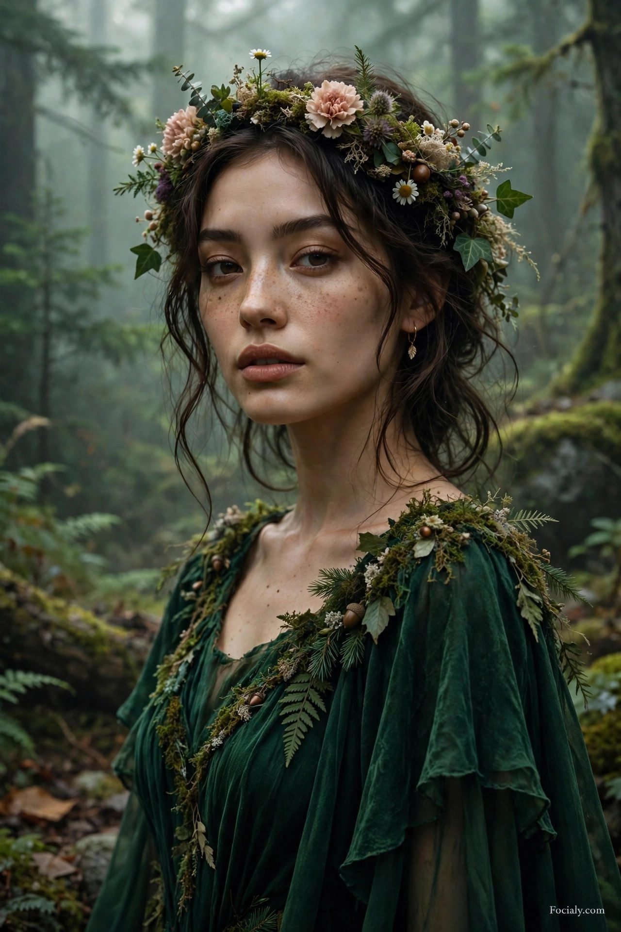Forest green witch Halloween costume with emerald dress and flower crown