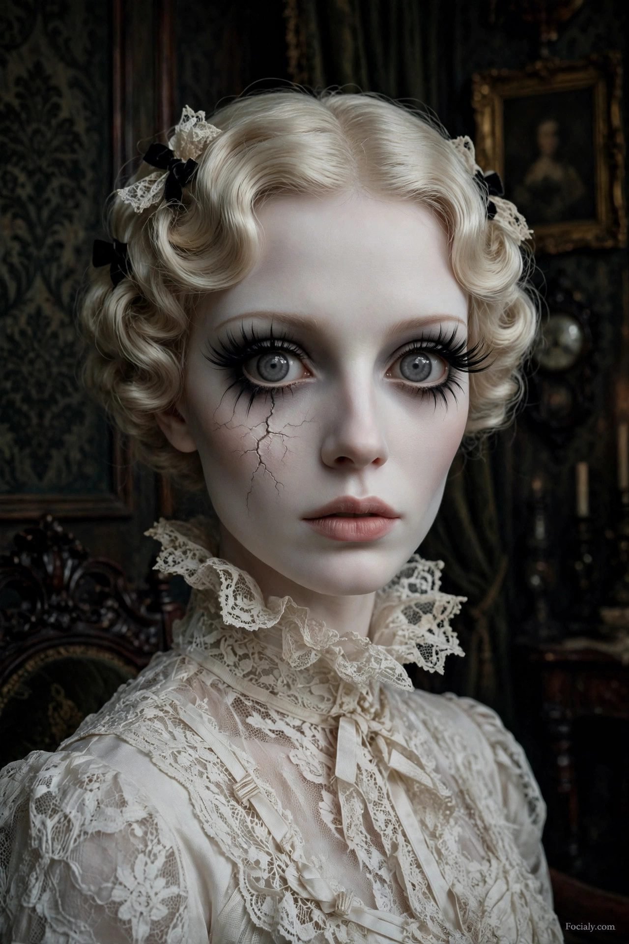 Haunted porcelain doll Halloween costume with cracked doll makeup and lace dress