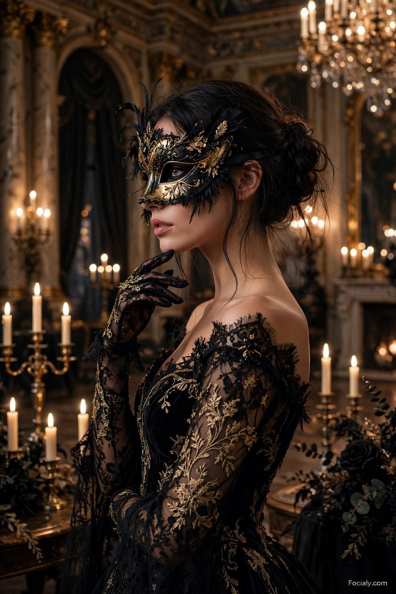 Masquerade phantom Halloween costume with ornate mask and black gown