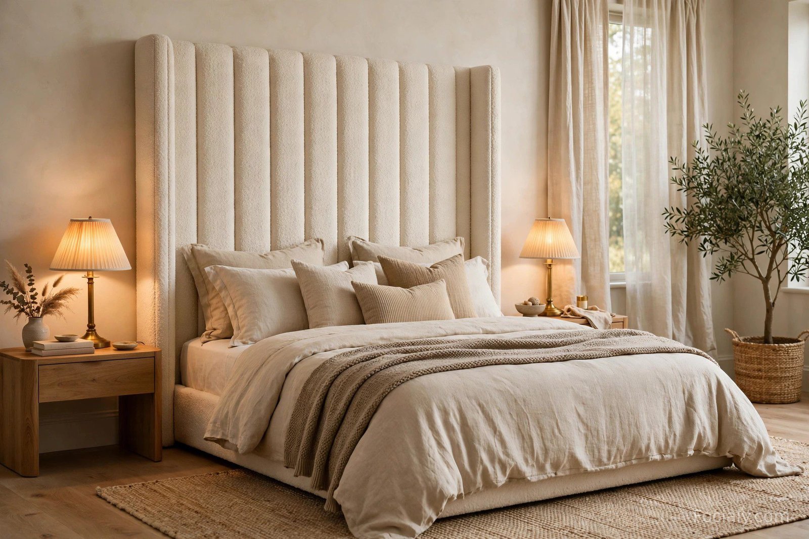 Tall upholstered headboard in a neutral bedroom with layered bedding and warm bedside lighting