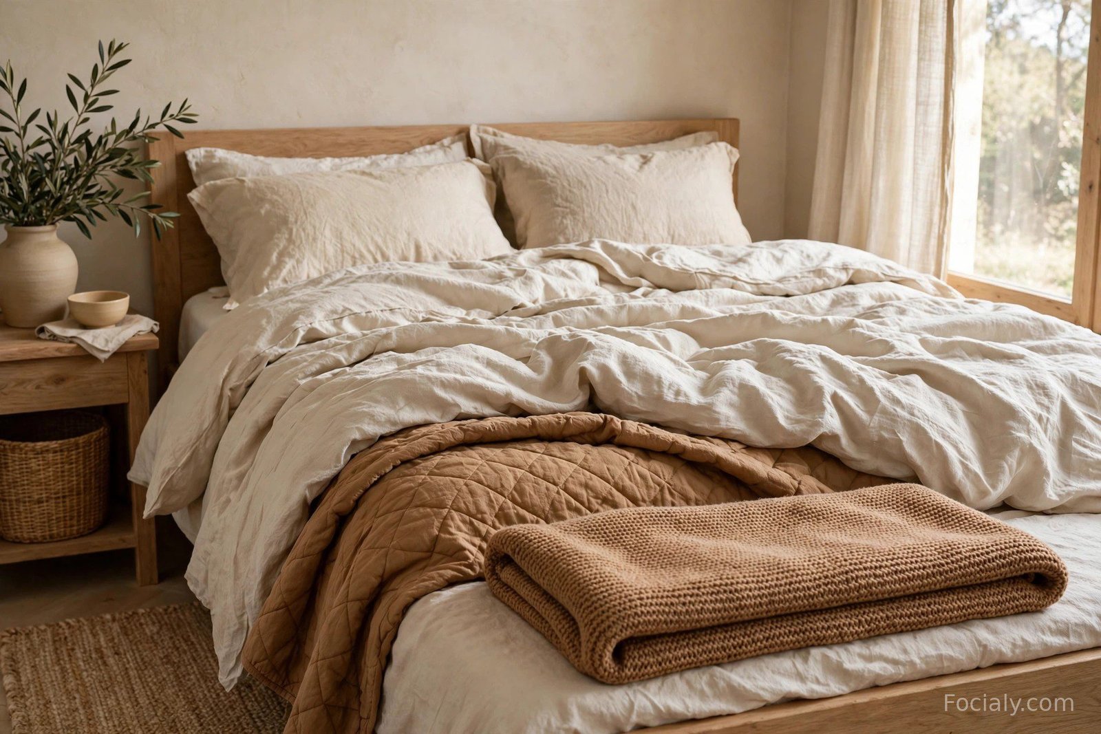 Bed with layered warm neutral bedding in cream, oatmeal and caramel tones