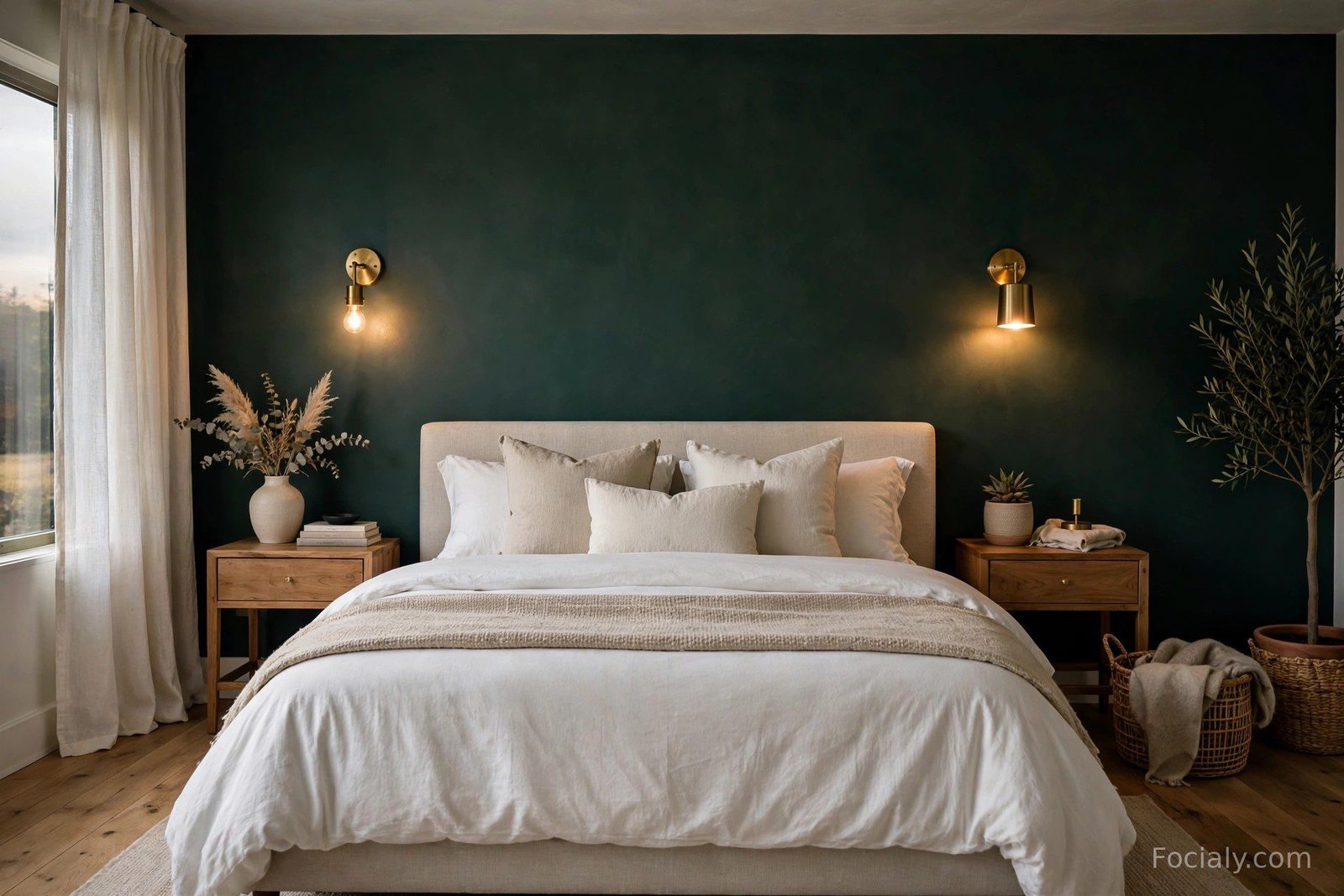 Bedroom with a moody dark green accent wall behind the bed and brass lighting