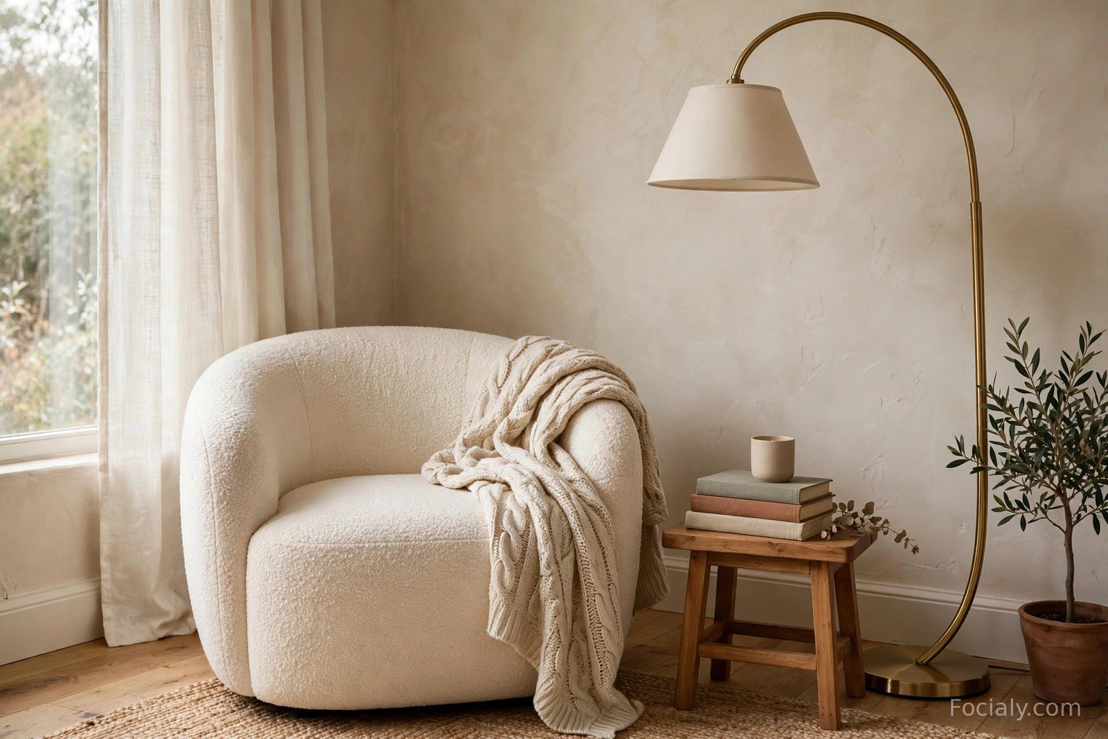 Cream boucle armchair in a bedroom corner with a small side table and floor lamp